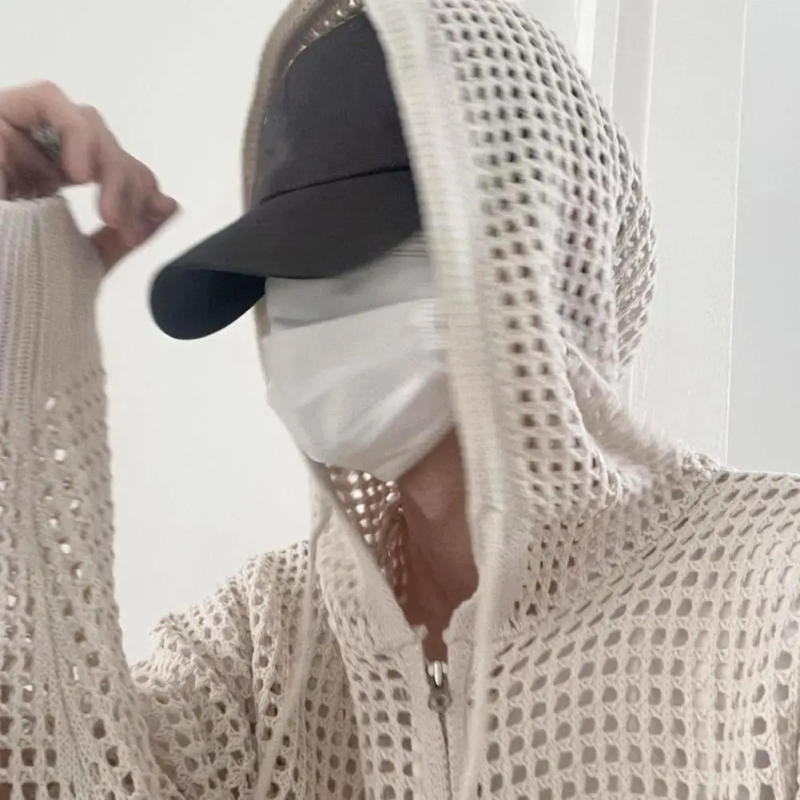 Description Picture 4 of itemSolid Color Cardigan Jacket Hooded Hip Hop Cardigan Stylish Men's Winter Jacket with Hollow Out Design Zipper Closure Hollow