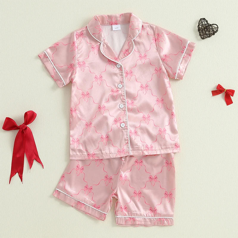 Description Picture 4 of itemBaby Girls Pajamas Set Summer Bow Print Button up Short Sleeves Shirt with Elastic Shorts for Loungewear Sleepwear