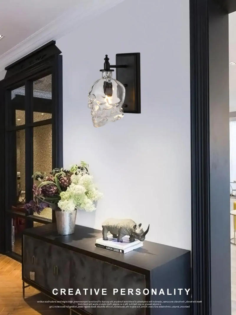 Description Picture 5 of itemRetro Skull Bones Wall Lamp Loft Sconces Clear Glass Bottle Wall Art Light Fixtures for Dinning Room Bar Industrial Home Decor
