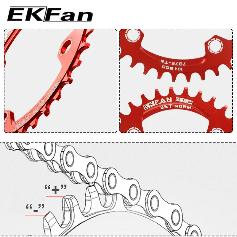 Description Picture 3 of itemHigh Quality EKFan 104BCD Bicycle Chainring 32T/34T/36T Narrow Wide Round Oval Cycle Chainwheel MTB Bike chain wheel