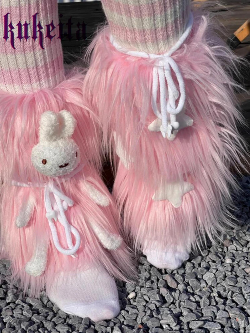 Description Picture 5 of itemKukeita Harajuku Lovely Pink Leg Warmer Boots Socks Y2k Punk Women Kawaii Bunny Lace-up Faux Fur Leg Covers Knitted Long Socks