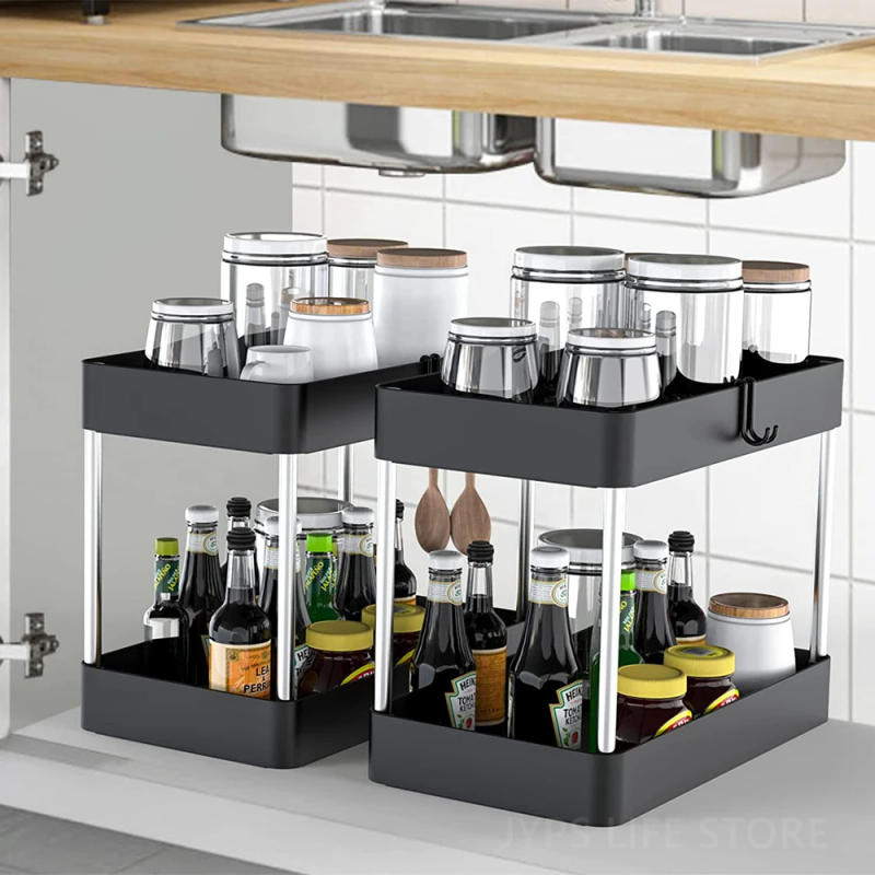 Description Picture 5 of item1/2 Pcs Under Sink Storage Organizer 2 Tier Drawer Multipurpose Rack Cabinet Under Sink Storage Rack Bathroom Kitchen Organizer