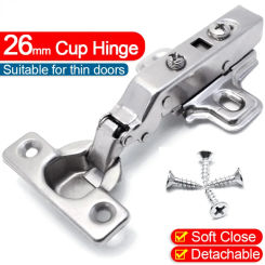 1x Small Hinges Soft Close Thin Door Concealed Hinge Damping Mute  Hardware Display Cabinet 26mm Cup Diameter Steel