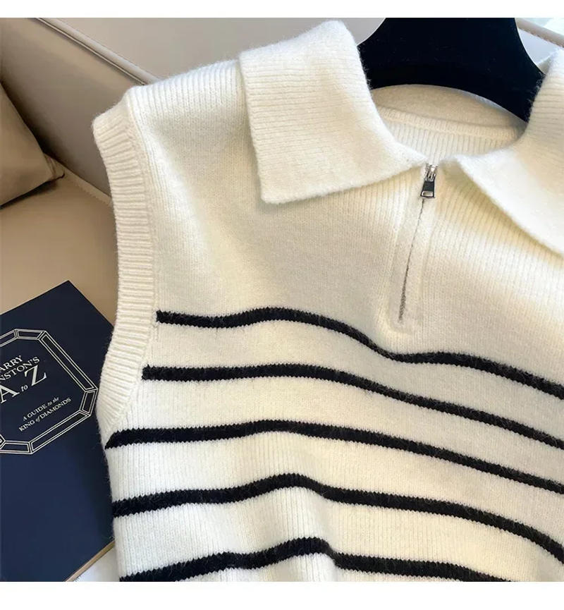 Description Picture 6 of itemRetro lapel zipper stripe knitted waistcoat women Autumn Winter Korean fashion sleeveless sweaters casual simple pullover vest