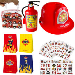 Firefighter Party Favors Fire Truck Kids Boys Helmets Hats Stickers Gift Bag Toddler Fireman Birthday Party Supplies Gifts