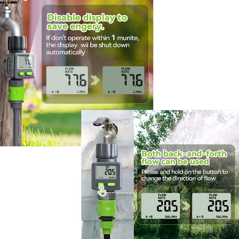 Description Picture 6 of itemWater Flow Meter Measure Gallon/Liter Consumption and Flow Rate for Garden Hose Watering RV Water Tank Filling Lawn Sprinkler
