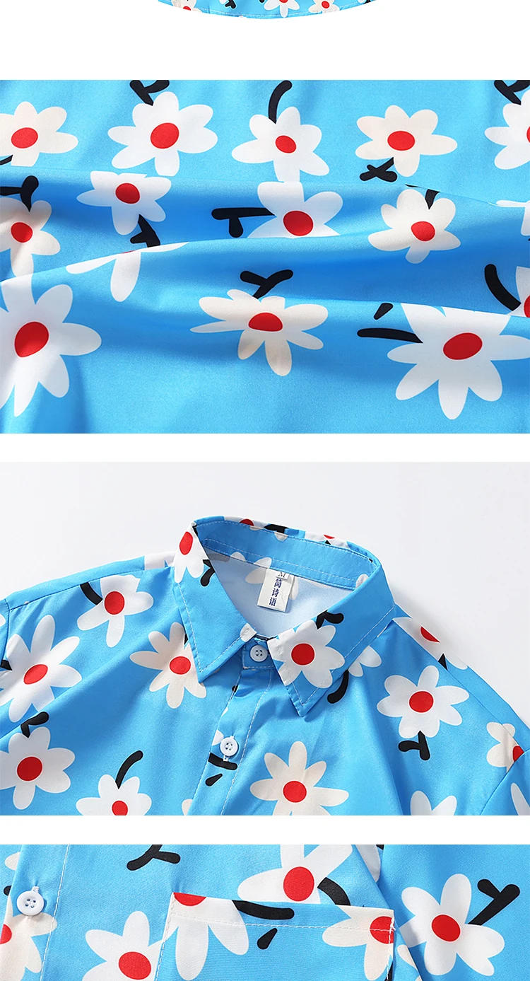 Description Picture 4 of itemMen Women Hawaiian Floral Print Short-sleeved Lapel Shirts Trendy Summer Beach Seaside Vacation Style Loose Casual Blouse Tops