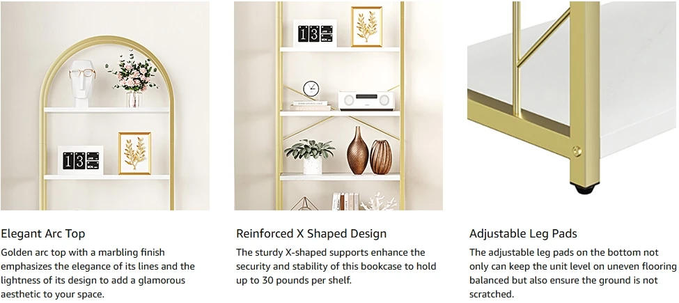 Description Picture 5 of itemUS  Bookshelf 5 Tier Bookcase Arched Display Racks Tall Standing Bookshelves Metal Frame Rustic Storage Rack Shelf Brown Book