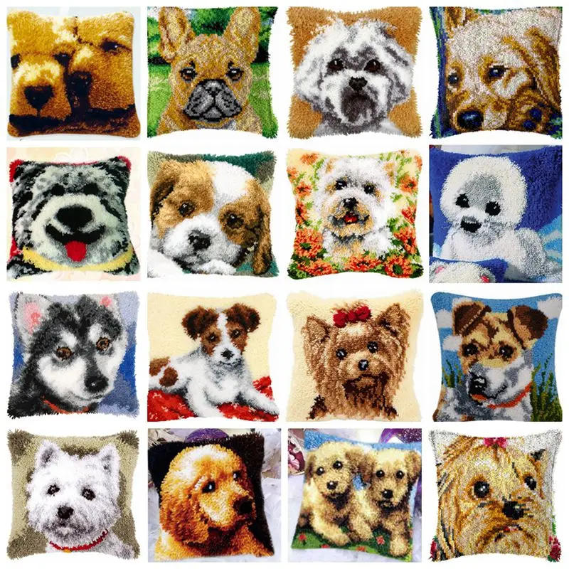 Description Picture 2 of itemAnimal Series Latch Hook Rug Kits Dogs 3D Segment Embroidery Pillow Wool Cross Stitch Carpet Embroidery DIY Latch Hook Pillow