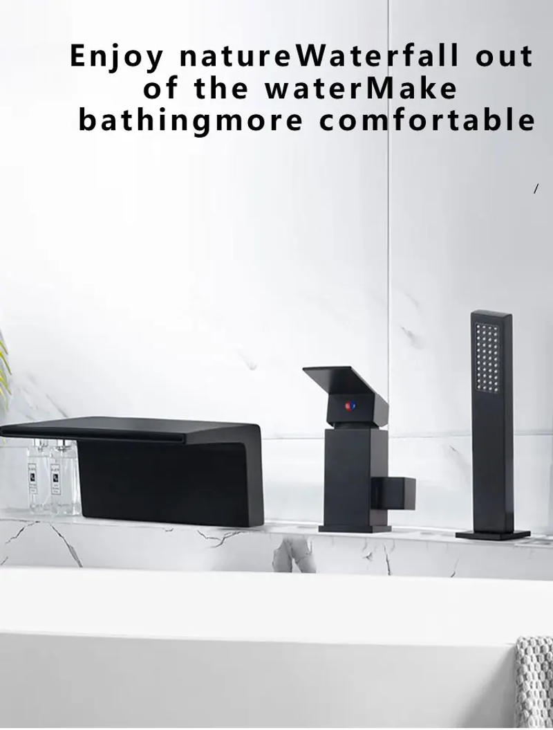 Description Picture 2 of itemBlack Square Copper basin faucet three-hole separate cold & Hot water Mixer waterfall inlet For Bathtub