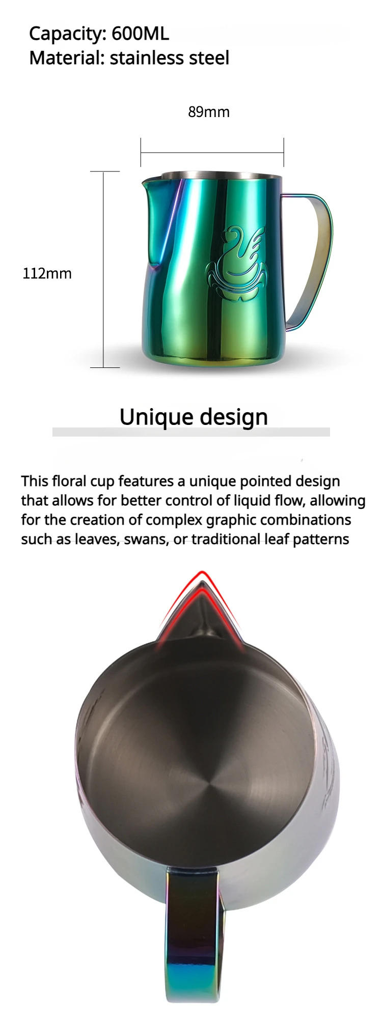Description Picture 2 of item400ml/600ml Elegant Swan Stainless Steel Coffee Pitcher Milk Frothing Cup Cream Maker Barista Craft Espresso Latte Art Jug Tool