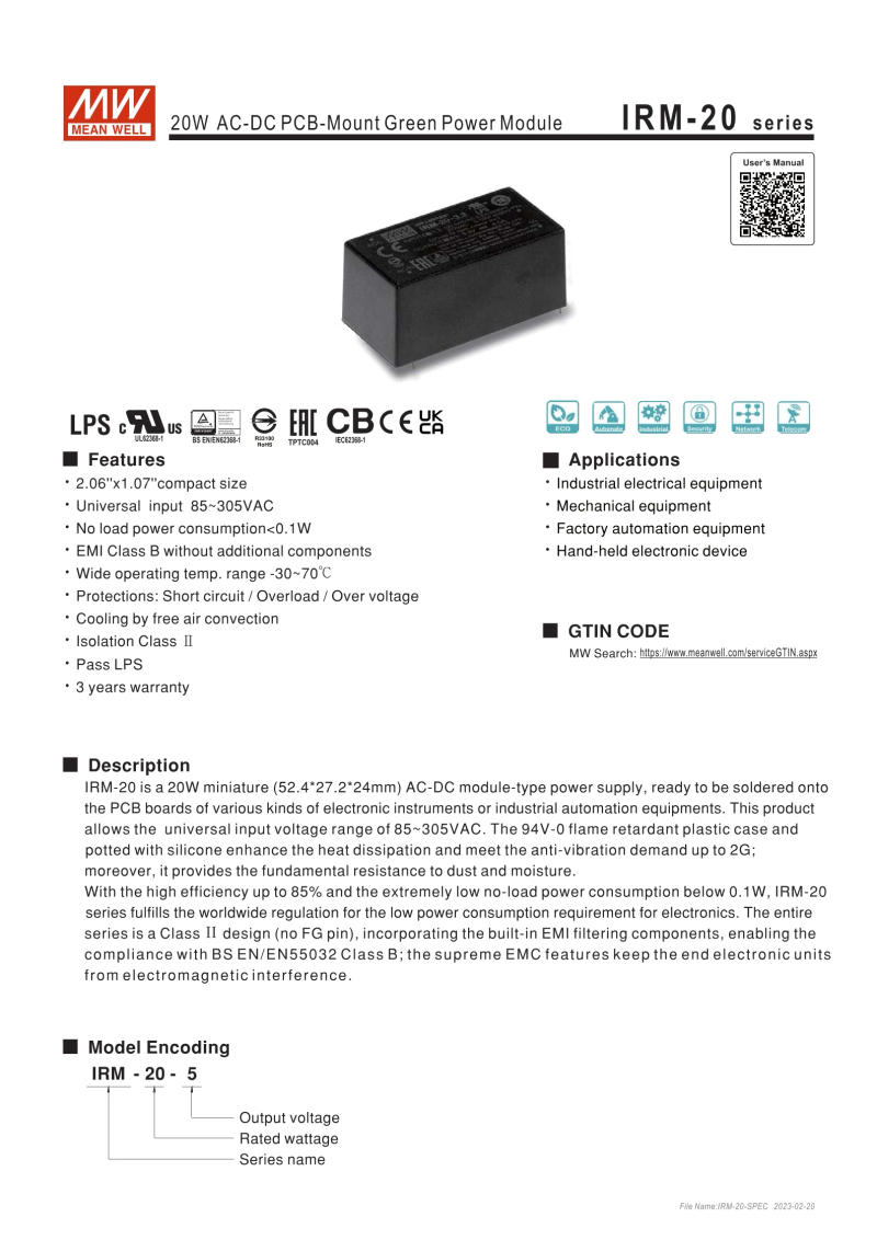 Description Picture 2 of itemMEAN WELL-módulo de alimentación verde de montaje PCB, IRM-20, IRM-20-3.3, IRM-20-5, IRM-20-12, IRM-20-15, IRM-20-24