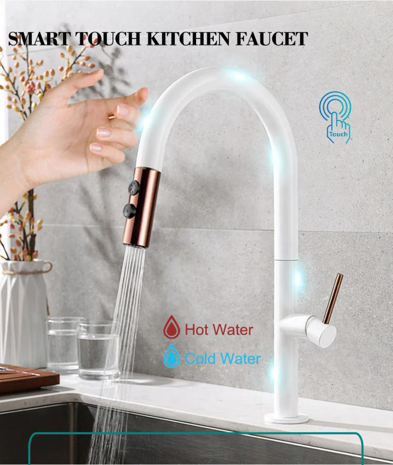 Description Picture 2 of itemPull Out Smart Touch Control Kitchen Faucets Sensor Singe Handle 360 Rotation Sink Faucet 2 Outlet Water Mixer Taps Black White
