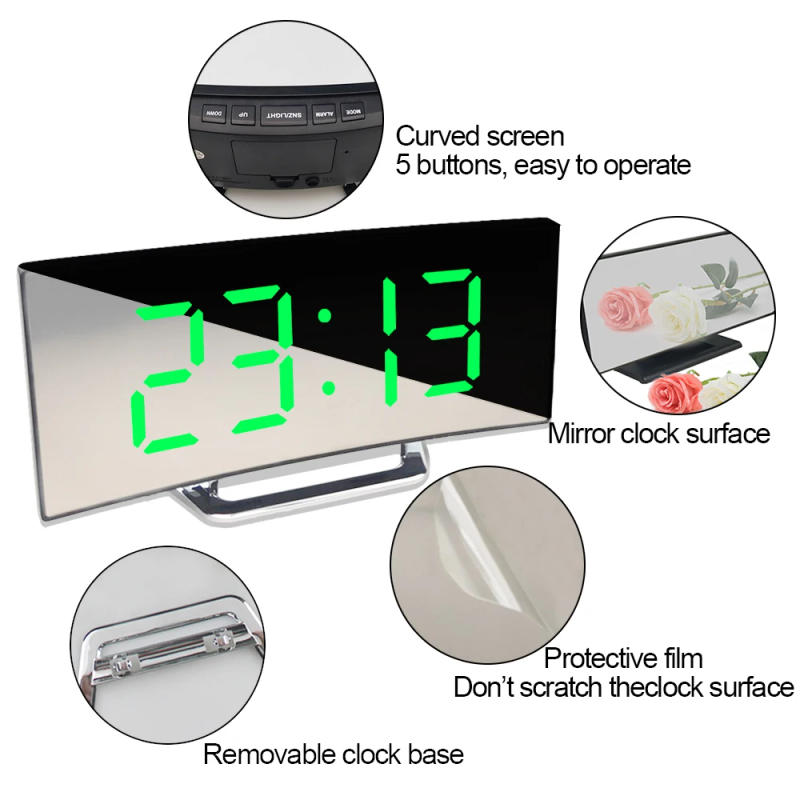 Description Picture 5 of itemLed Alarm Clock Digital Children Electronic Alarm Clocks Curved Screen Mirror Temperature Clock with Snooze Function Desk Clock