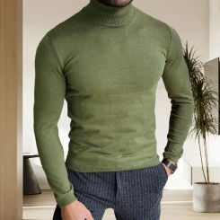 Autumn Winter Men Slim Fit Knitting Sweater Turtleneck Long Sleeve Solid Color Pullover Tops Knitwear