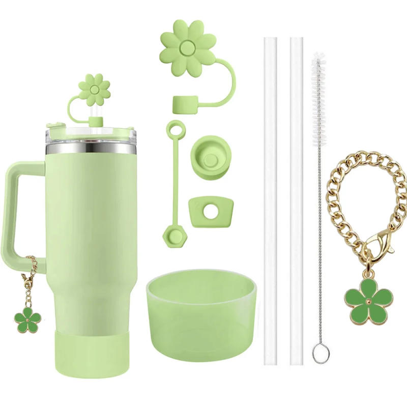 Description Picture 2 of item9pcs Accessories Set 3 Spill Proof Stopper Flowers Straw Cover Boot 2 Straw and Brush and 1 Flower Charm Chain for Stanley Cup