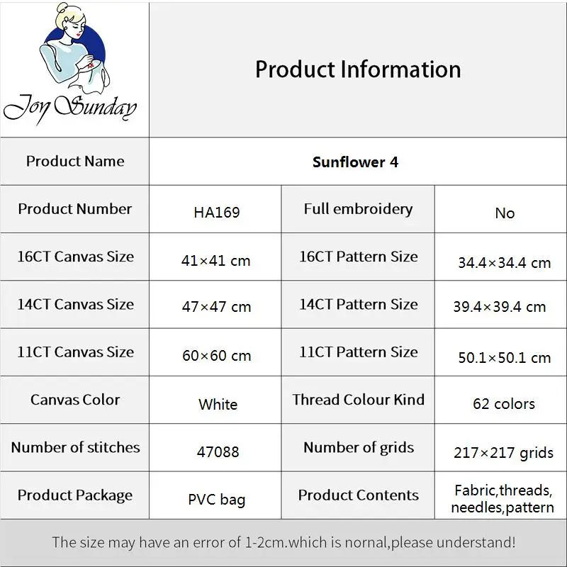 Description Picture 6 of itemJoy Sunday Cross-Stitch Complete Set DIY Handmade Embroidery Needlework DMC Threads Kits Sunflower Pattern Home Room Decor