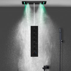 28x15Inch 700x380mm RGB LED Shower Head Set Rain Waterfall SPA Constant Temperature Vertical Valve Mixer Black Shower System