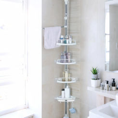 Telescopic Bathroom Shelf No Drilling Corner Shelf Stainless Steel Frame Storage Basket Adjustable 4 Trays Floor Ceiling Holder