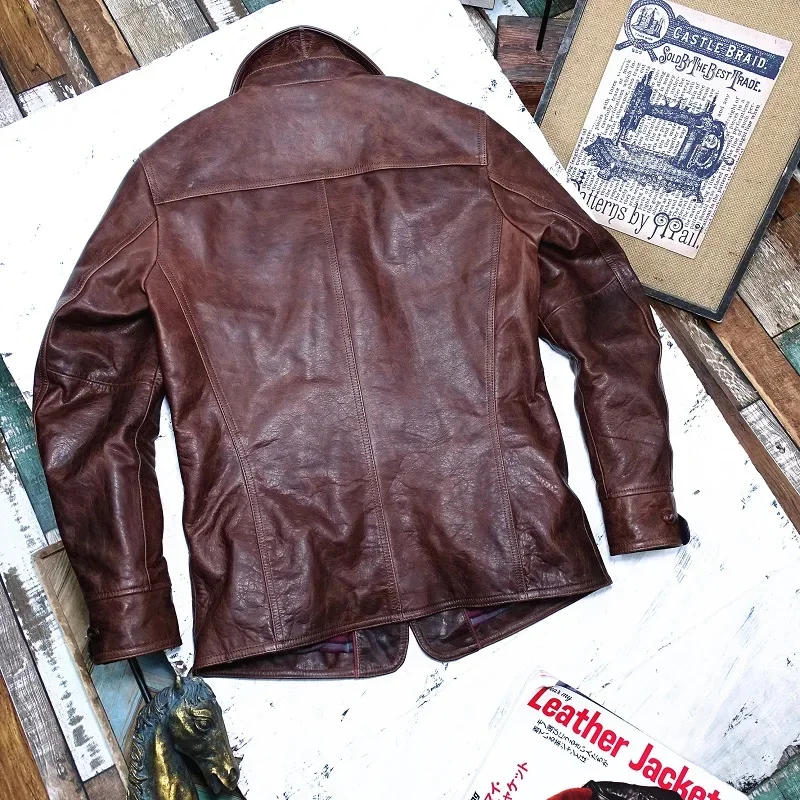 Description Picture 3 of itemYR!Free shipping.Vintage brown batik horsehide jacket.Classic safari style genuine leather coat.retro quality Trench