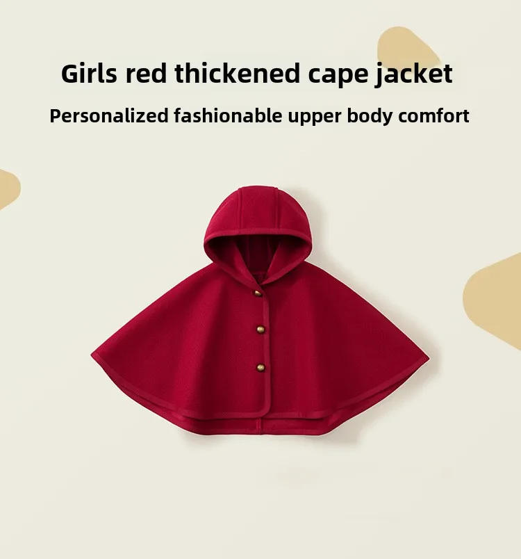 Description Picture 2 of itemGirls' wool thick red shawl cloak 2024 autumn and winter new baby hooded coat.
