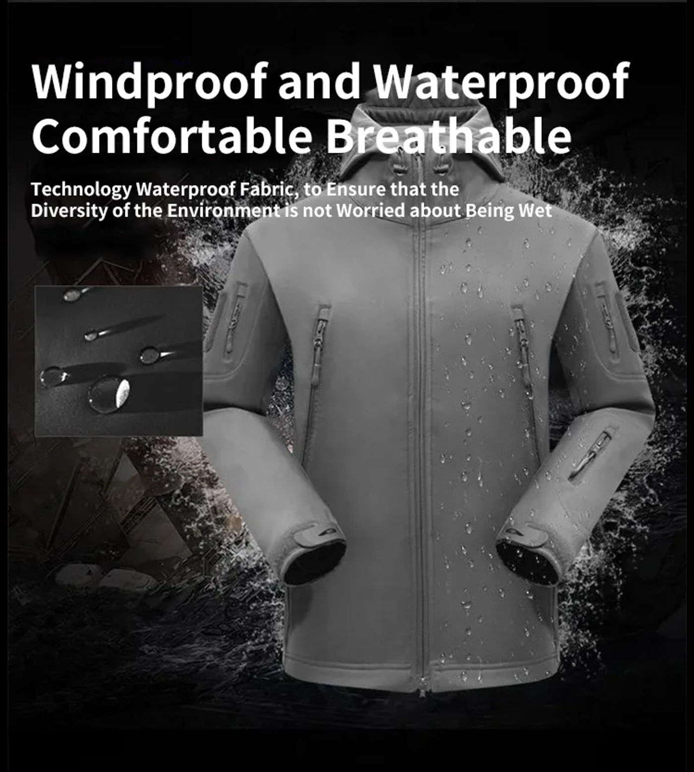 Description Picture 5 of itemOutdoor Waterproof Windproof Softshell Sharkskin Jacket and Pants Tactical Hunting Clothes Men Camping Hiking Sport Suits