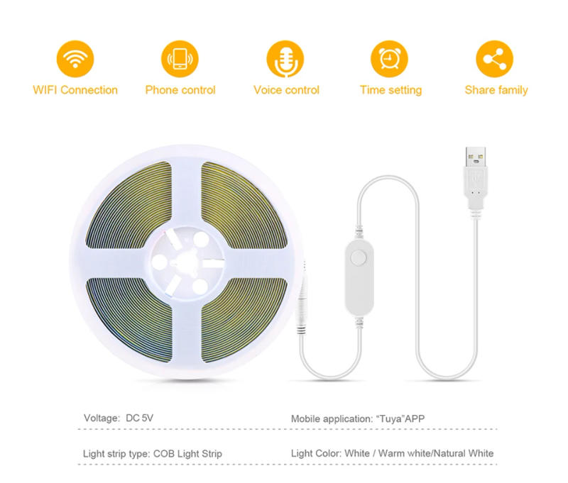 Description Picture 3 of item5V Tuya Smart Life WiFi USB LED Strip Light COB High Brightness Smart Control Adhesive Back Lamp Work With Alexa Google Home