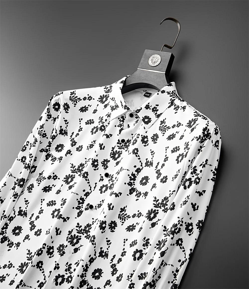 Description Picture 6 of itemBrand Flower Print Shirt Men's 2024 Spring Long Sleeved Slim Casual Business Dress Shirts Social Party Streetwear Tuxedo Blouse