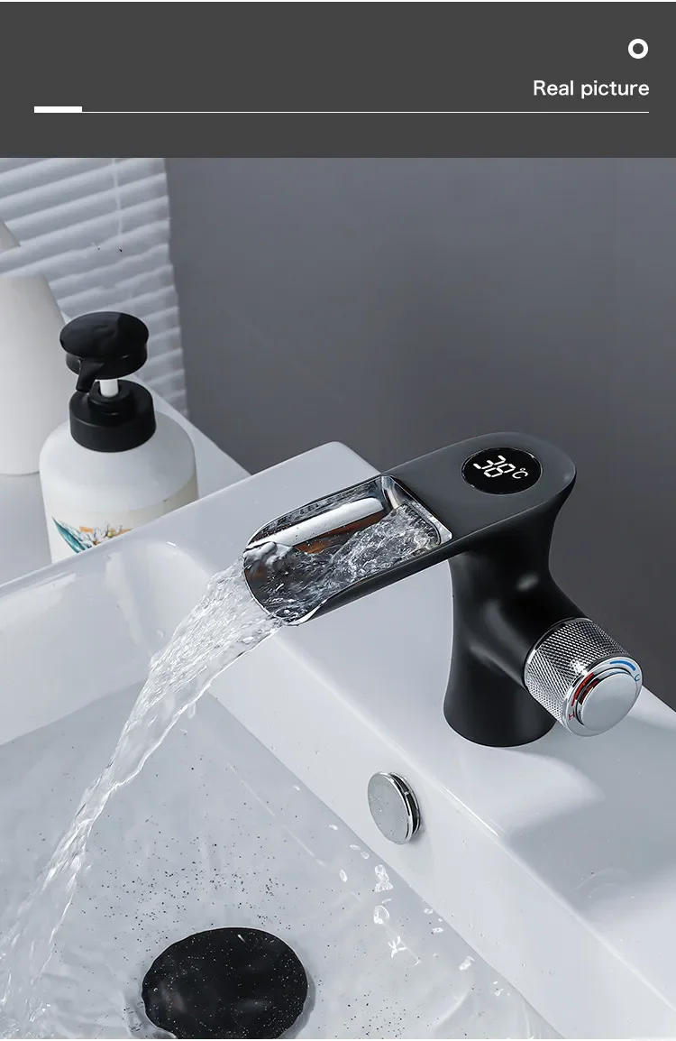 Description Picture 2 of itemNew Basin Faucet Temperture Digital Show Bathroom Black Wash basin Single Handle Hot and Cold Waterfall