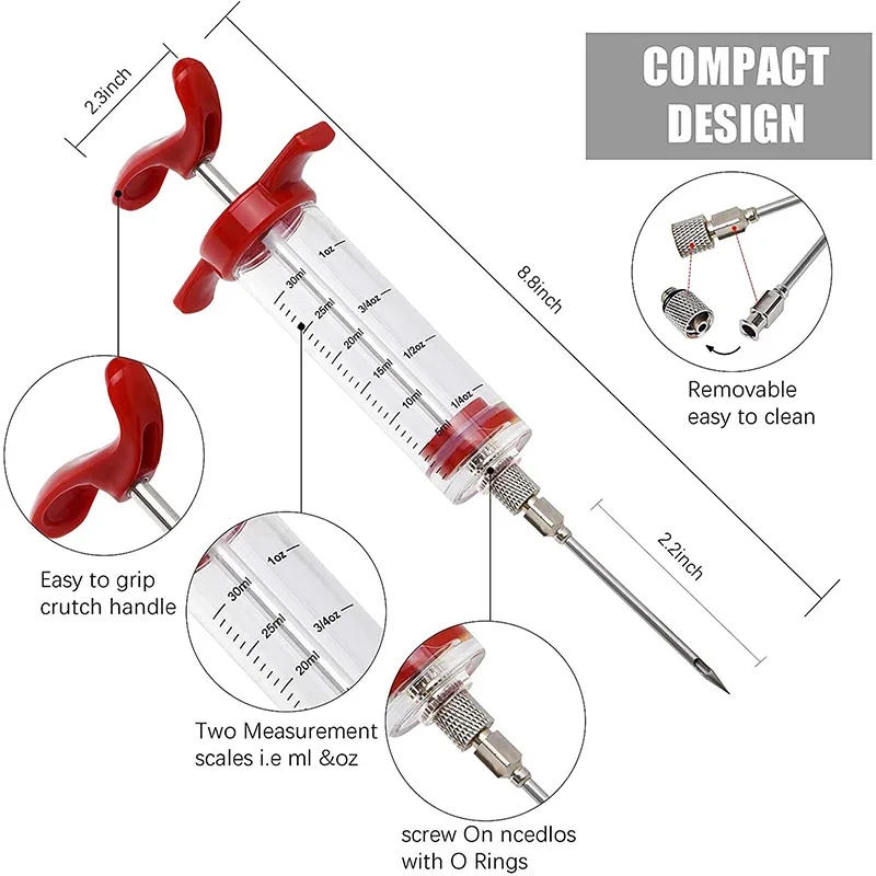 Description Picture 4 of item50ml Syringe/3 needles/cleaning brush BBQ Injector Cooking Meat Poultry Seasoning Marinade Stainless Steel Needle BBQ Injector