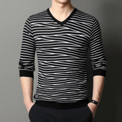 New Style Men Autumn Keep Warm Slim Fit V-neck Striped Knit Shirts/Male High Quality Tight Set Head Sweaters Man Clothing M-3X