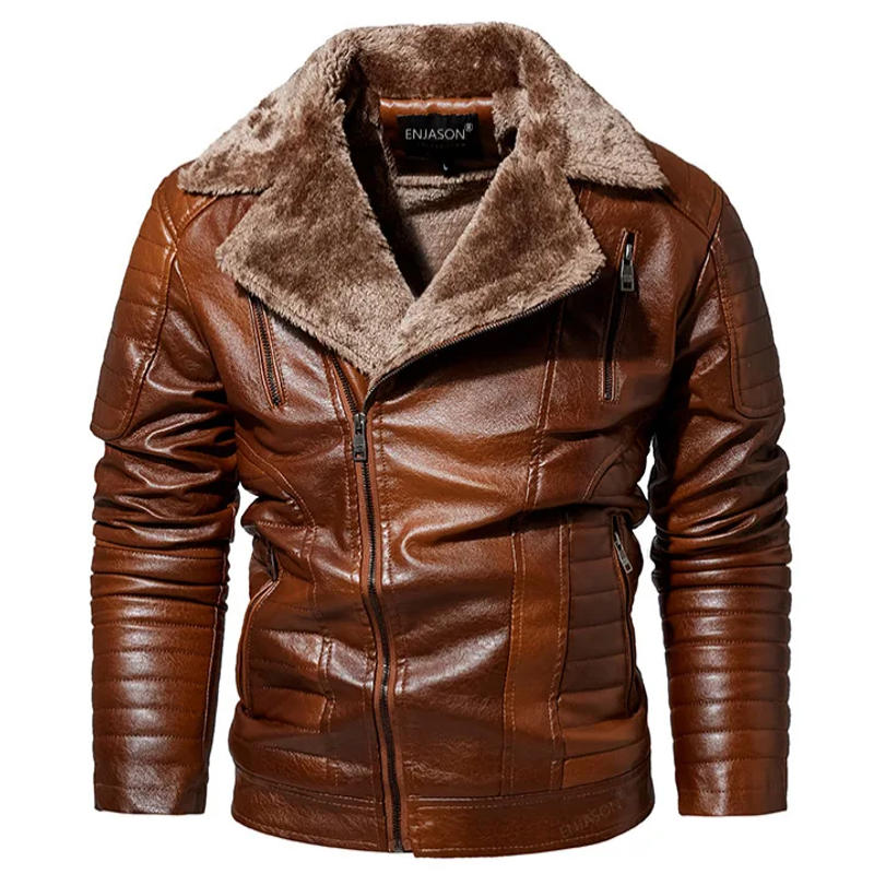 Description Picture 4 of itemMen's Leather Jacket Winter Fleece Faux Vintage Asymmetric Zip Motorcycle Jacket Warm Fur Collar Bomber Jackets Coat