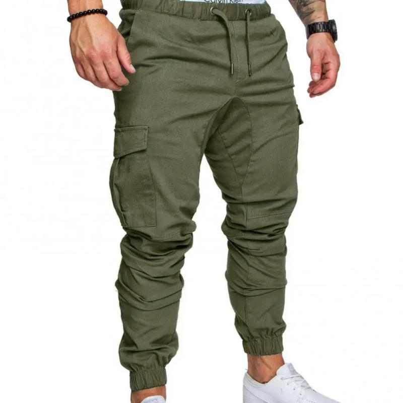 Description Picture 2 of itemMen Casual Solid Color Pockets Waist Drawstring Ankle Tied Skinny Cargo Pants Work Trousers Outdoor Hiking Joggers Pant