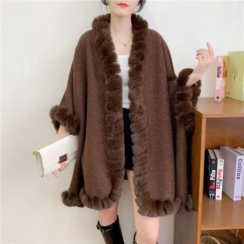 Description Picture 5 of itemWomen's Thick Long Poncho Shawl Coat, Outdoor Capes, Black Granular Velvet Holes, Fur Sleeves, Collar Cloak, Winter, 6 Colors