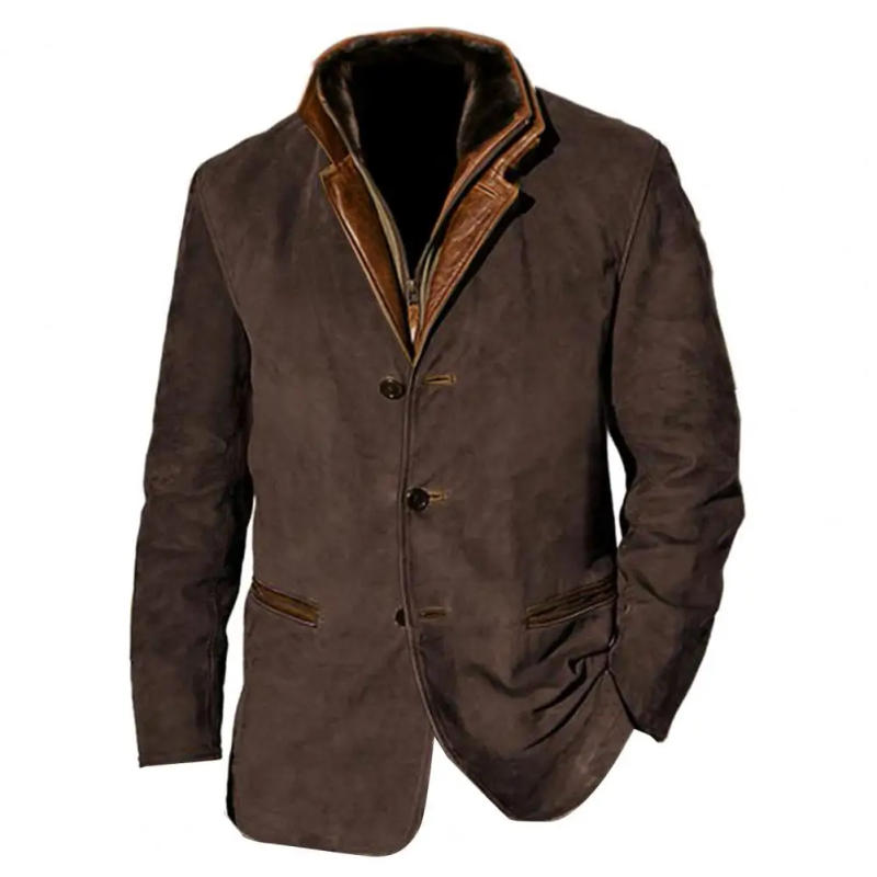 Description Picture 6 of itemMen Jacket Men's Retro Patchwork Cardigan Coat with Plush Lining Lapel Detail Stylish Single-breasted Jacket for Winter Fall