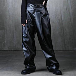 Pantalones rectos informales de cuero sintético para hombre, pantalón de cuero brillante, versátil, delgado y suelto, color negro, nueva tendencia