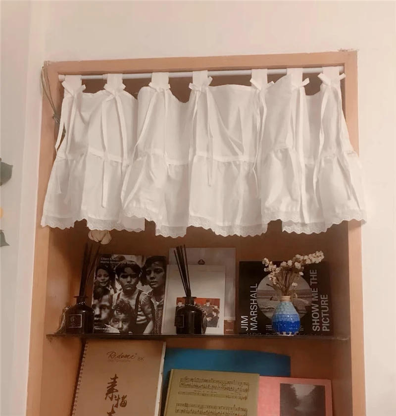 Description Picture 3 of item120*40 Korean Sweet Pleated Lace Short Curtains for Kitchen Solid Tab Top Half Curtains Bow Tie Window Valance Cotton Curtain