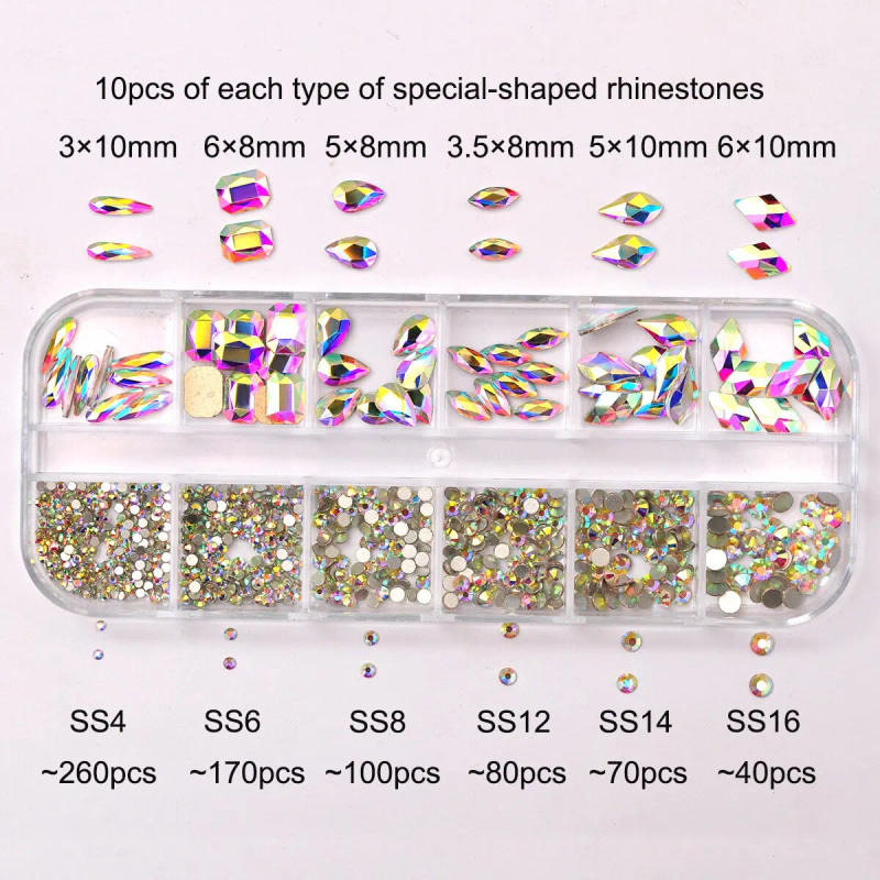 Description Picture 6 of item12 Grids Crystal AB Nail Charms Rhinestones Flatback Mix Shapes 3D Glitter Nail Art Decorations Diamond for Manicure