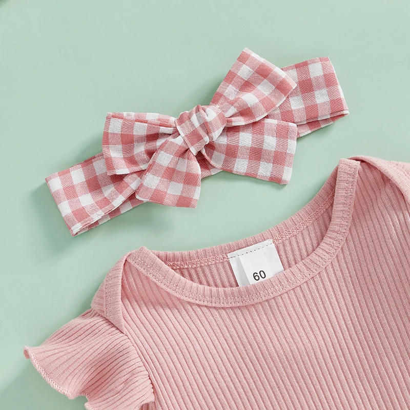 Description Picture 5 of itemBaby Girl Fall Outfits Solid Ribbed Long Sleeve Romper with Plaid Belted Pants and Headband 3Pcs Set