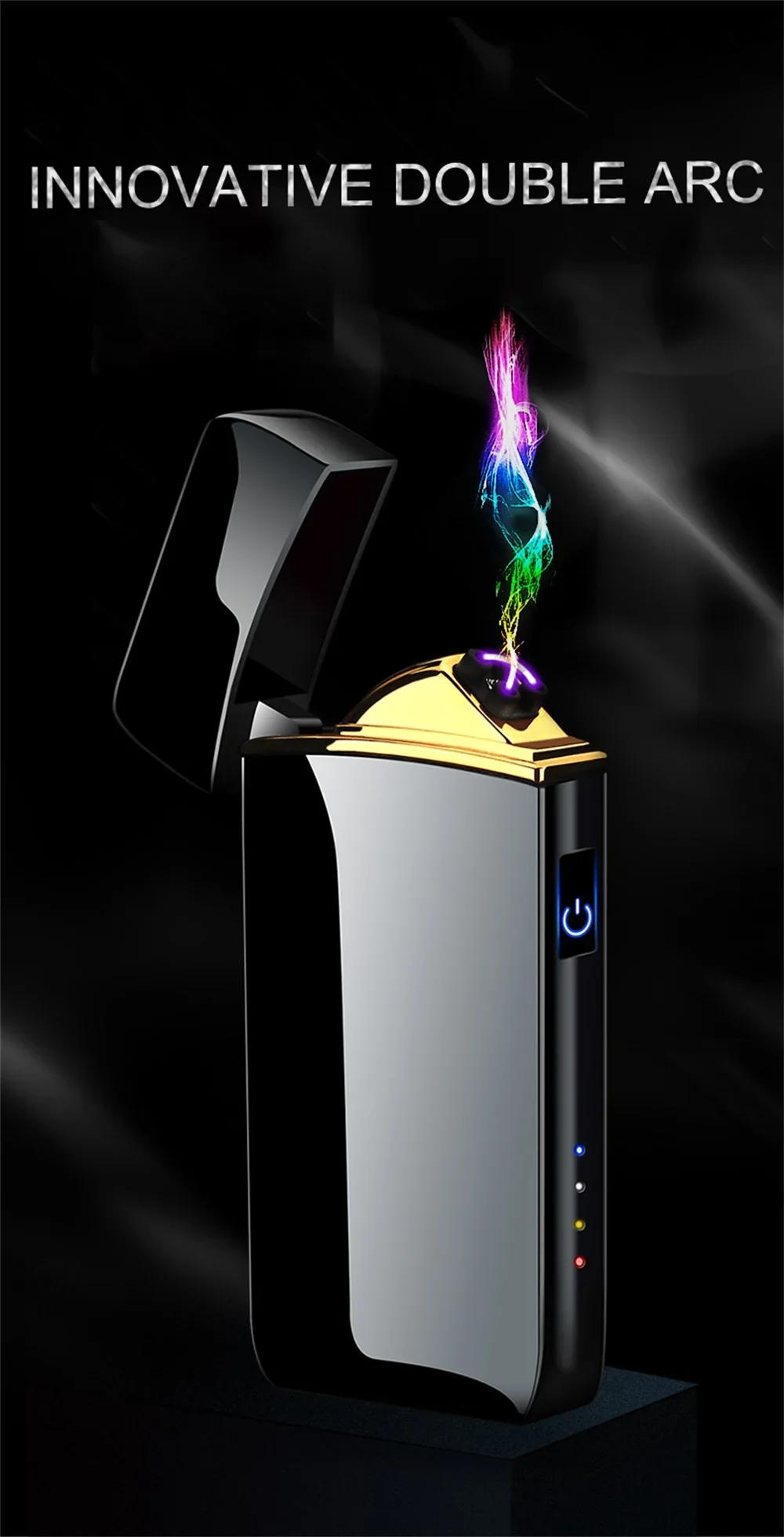 Description Picture 3 of itemHot Electric Windproof Metal Lighter Double Arc Flameless Plasma Rechargeable USB Lighter LED Power Display Touch Sensor Lighter