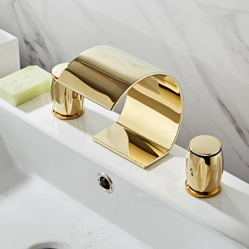 Description Picture 4 of itemBasin Total Brass Gold Deck Mounted Bathroom Sink Faucets 3 Hole Double Handle Hot And Cold Waterfall Faucet Water Tap