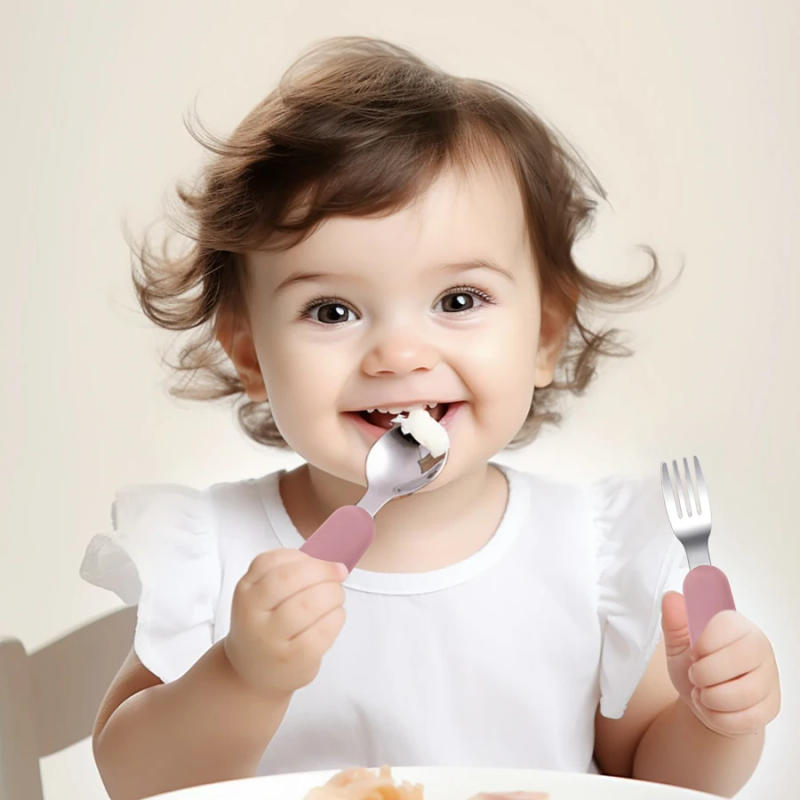 Description Picture 6 of item2PCS Baby Silicone Stainless Steel Fork Spoon Portable Baby Tableware Feeding Training Baby Utensils Solid Color Baby Stuff