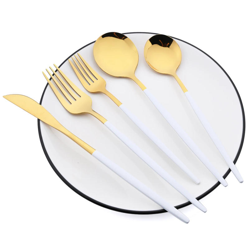 Description Picture 5 of item6Pcs White Gold Dinnerware Set Knife Fork Long Handle Spoons Chopsticks Flatware Cutlery Stainless Steel Tableware Silverware