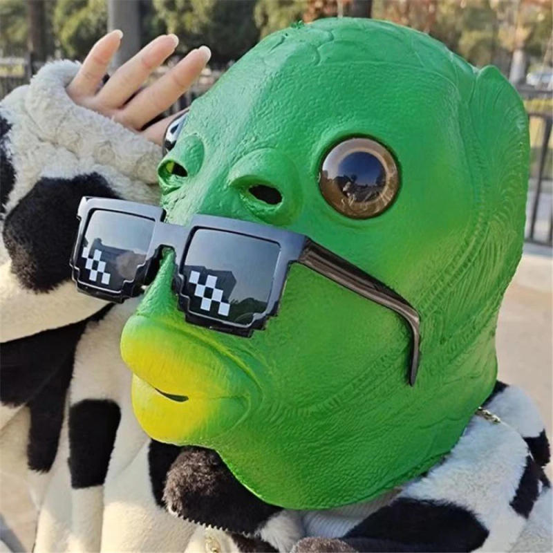 Description Picture 5 of itemAnimal Head Funny Donkey Head Mask Deluxe Novelty Halloween  Green Fish Husky Costume With Glasses  Party Carnival Props