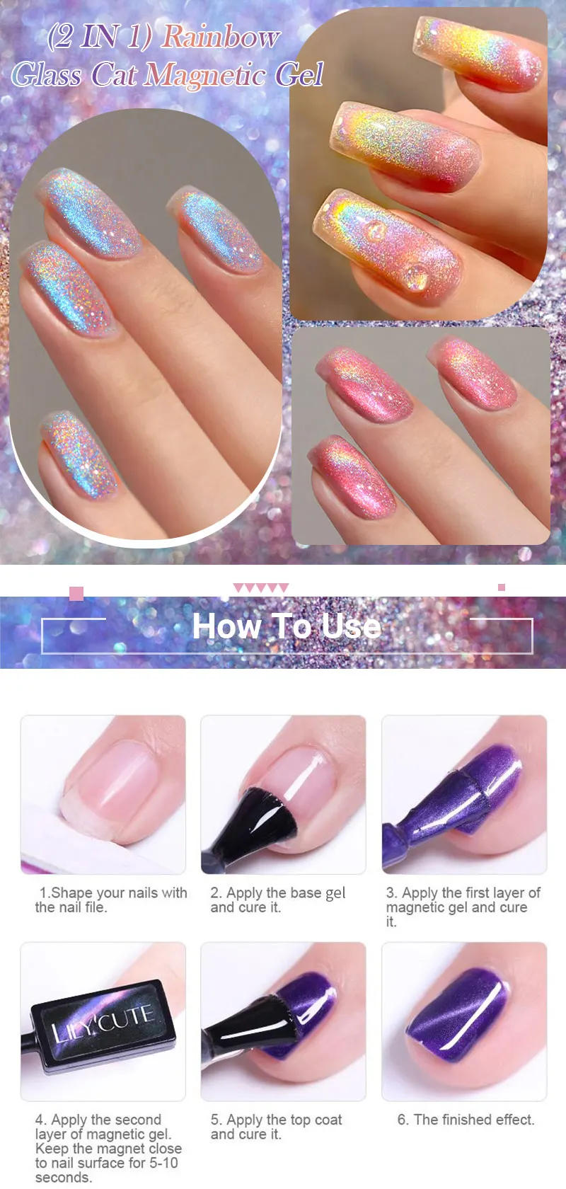 Description Picture 6 of itemLILYCUTE 7ml Double Light Rainbow Glass Cat Magnetic Gel Sparkling Color Gel Nail Polish Varnis Semi Permanent Manicure Nail