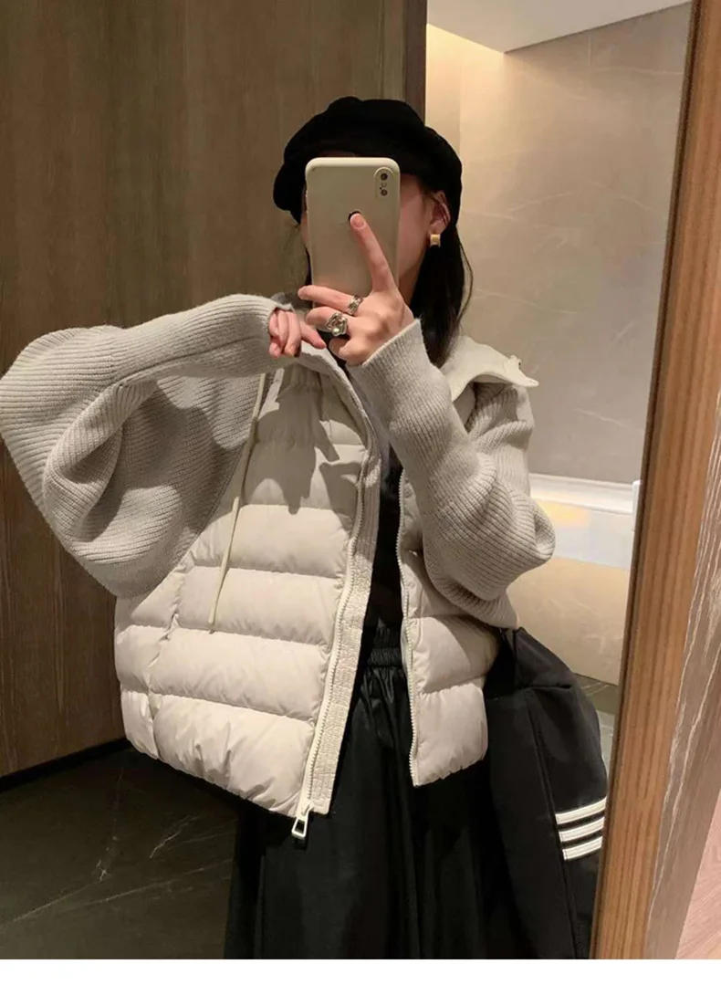 Description Picture 4 of itemWomen Down Coats Hooded Long Sleeve Knit Splice Solid Zipper Pockets Thick Warm Jackets Parkas High Street Winter 2024