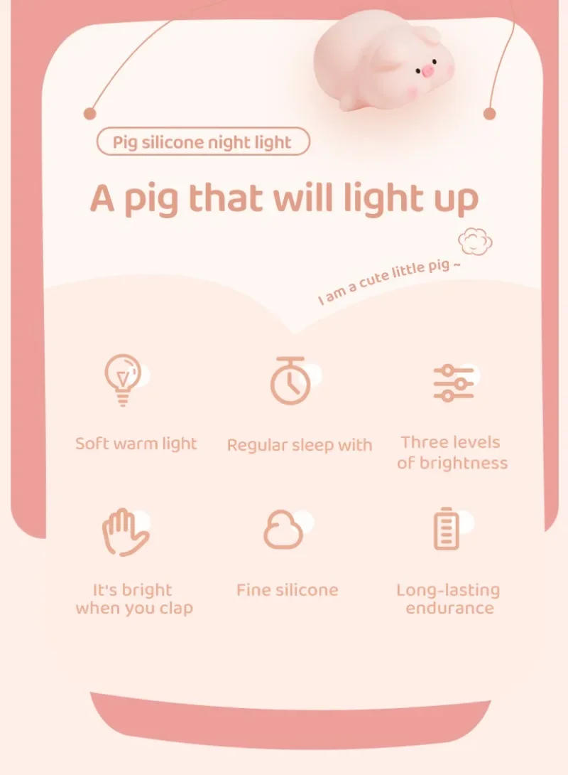 Description Picture 3 of itemPink Piggy Night Light Cute LED Silicone Night Lamp Indoor Atmosphere Pat Lamp Room Decoration USB Children's Night Light Gift