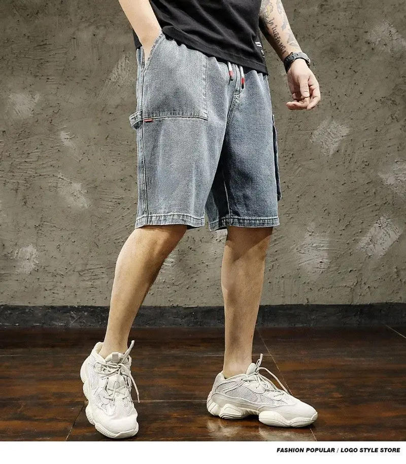 Description Picture 6 of itemFashion Summer Pocket Printing Wash Cowboy Men Loose Large Size Elastic Waist Korean Trend All-match Comfortable Middle Pants