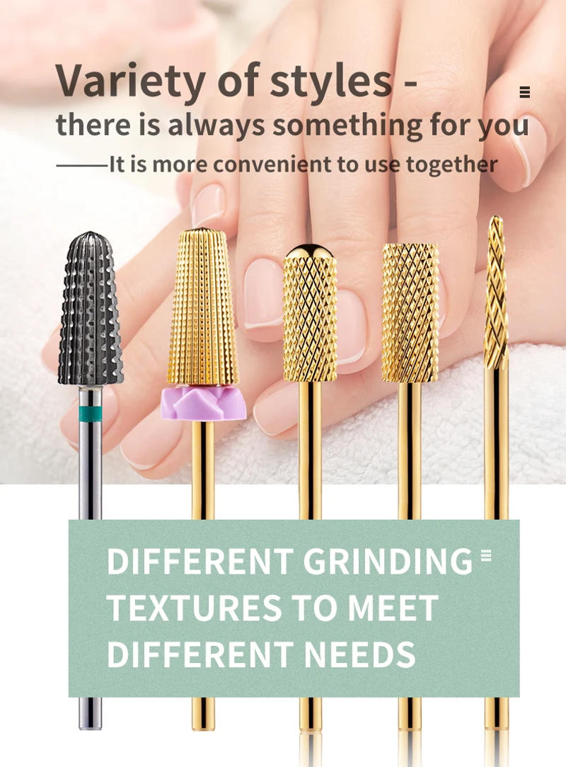 Description Picture 6 of item5 In 1 Tungsten Carbid Nail Drill Bits Milling Cutter For Remove Nail Polish UV Gel Tapered Safety End Cut Manicure Tools Golden