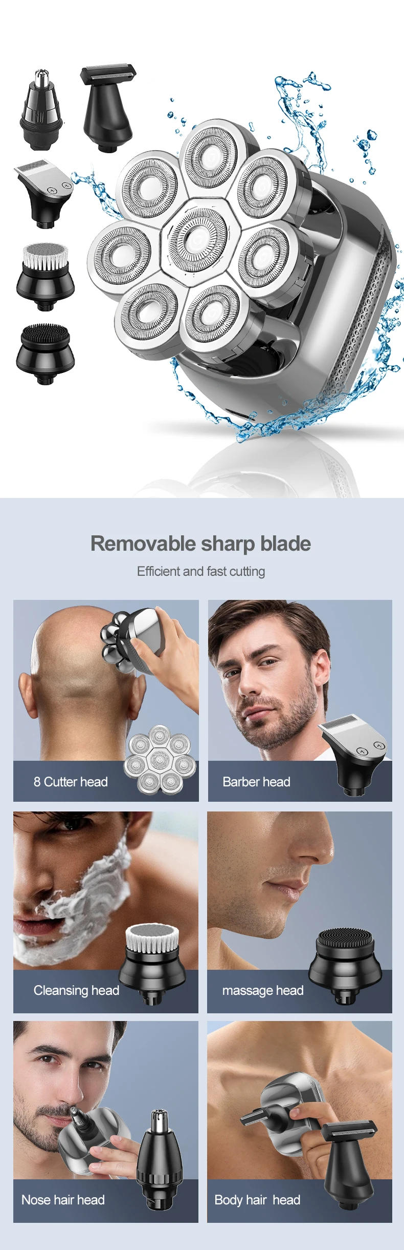 Description Picture 5 of itemRESUXI8520/6520 Floating Rotary Electric 8Head Shaver for Bald Men Wet and Dry Grooming Kit Pro Electric Shaver with LED Display